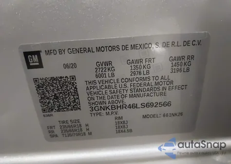 2020 Chevrolet Blazer Awd 2Lt z USA, uszkodzony, nr VIN 3GNKBHR46LS692566